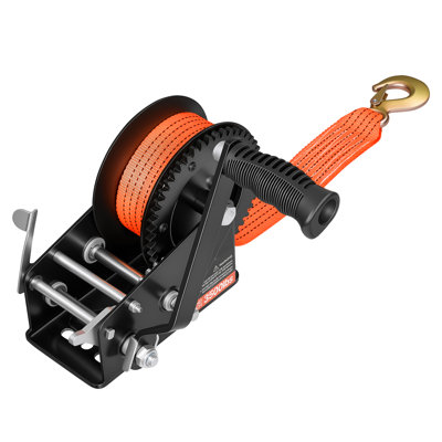 3500 lbs Manual Boat Winch with 20ft Orange Polyester Strap, Two-Way Ratchet, 2-Speed Switch, and Anti-Slip Handle for Trailer and ATV Towing