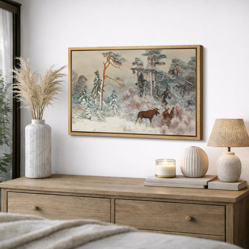 «Moose in Winter Pine Forest», art de chambre à coucher, impression sur toile encadrée, Cadre flottant naturel