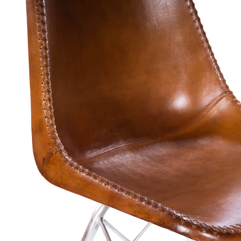 Glossop Leather Upholstered Side Chair, Medium Brown Genuine Leather, Chrome