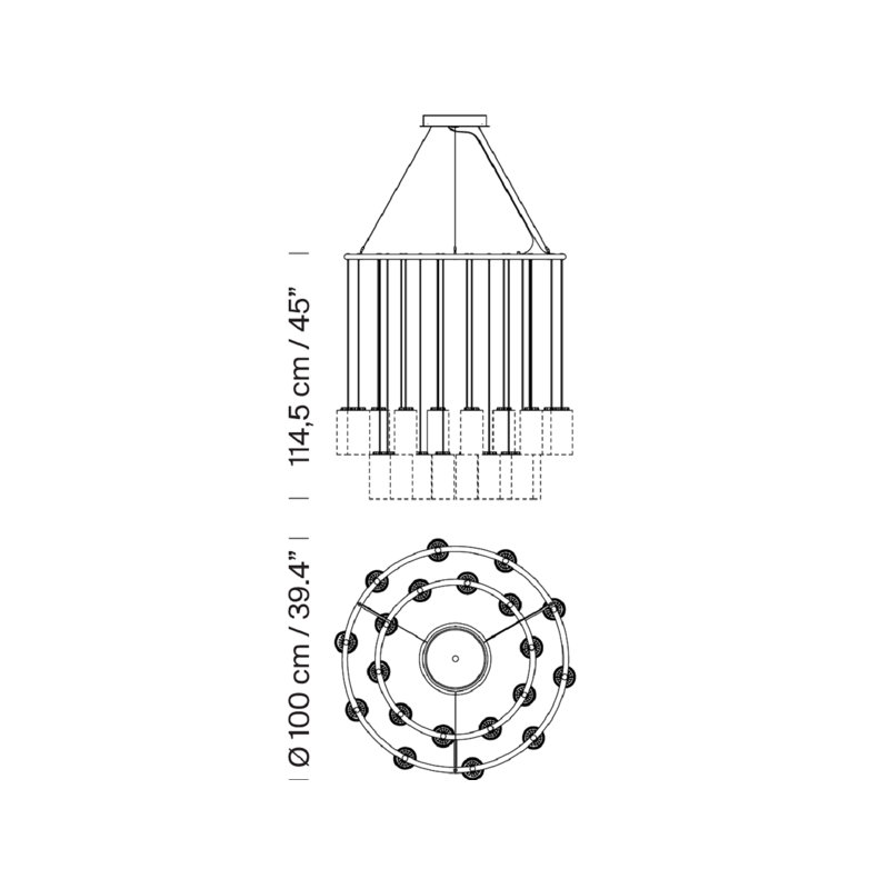 Cirio Chandelier M, 241.4" H x 39.4" W x 39.4" D, 114 W, 20 Lights