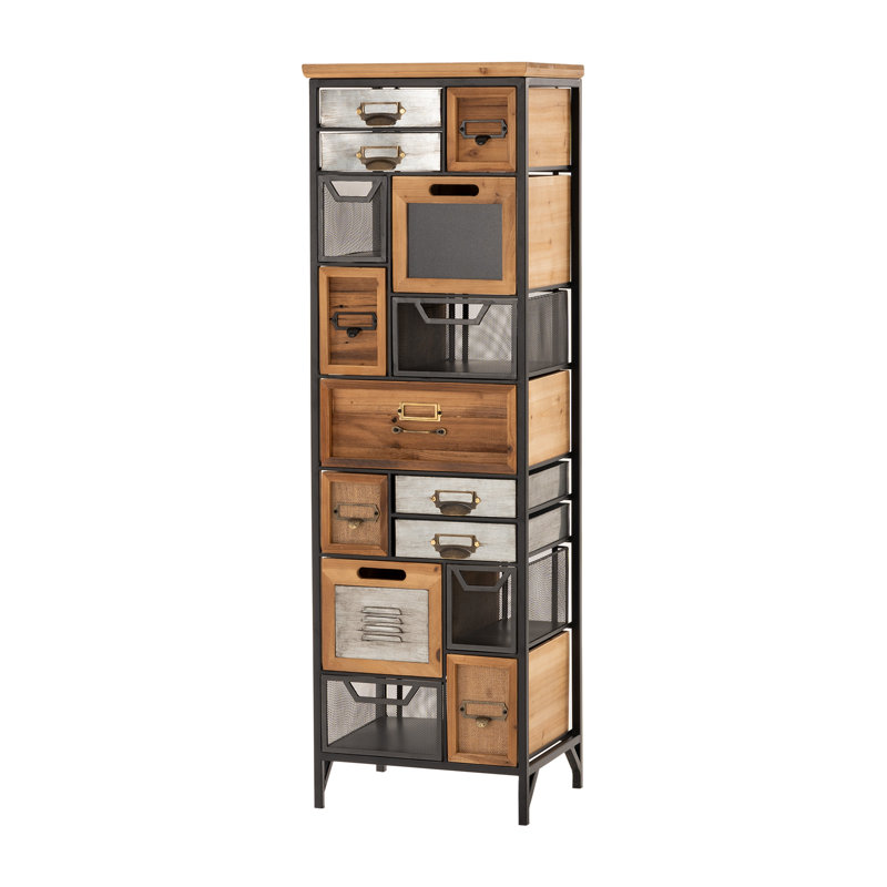 Armoire de pharmacie industrielle de 130 cm de hauteur avec plusieurs tiroirs, meuble de rangement étroit d'appoint au design bois et métal