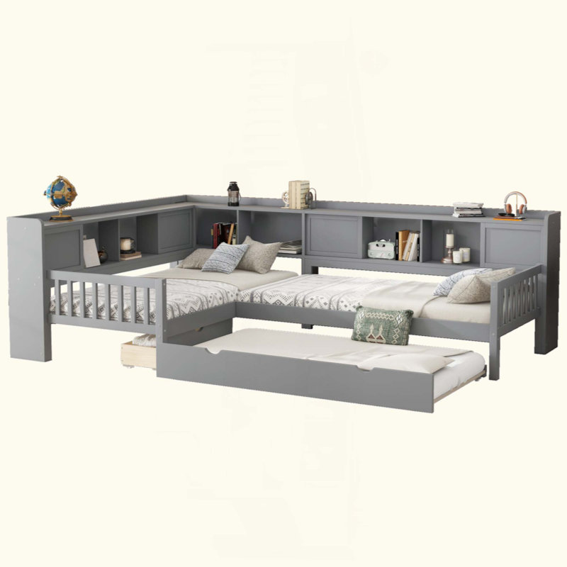 Lit plateforme en L avec lit gigogne, lit plateforme en bois massif avec tiroirs et tablettes de rangement, pas de sommier nécessaire