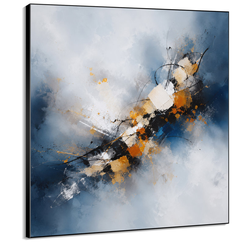 Impression sur tissu grand format - Motif abstrait dynamique bleu, gris et orange pour salon ou chambre - « Assemblage du cadre requis (cadre non fini) »