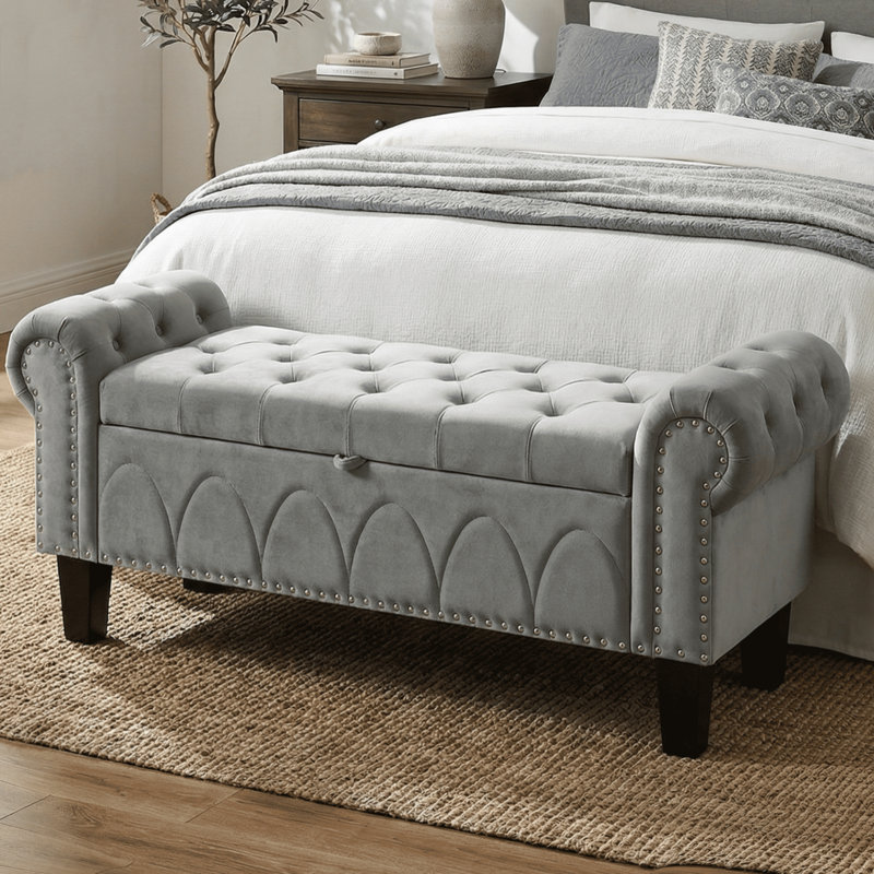 50" Upholstered Storage Bench With Nailhead Trim, Gray