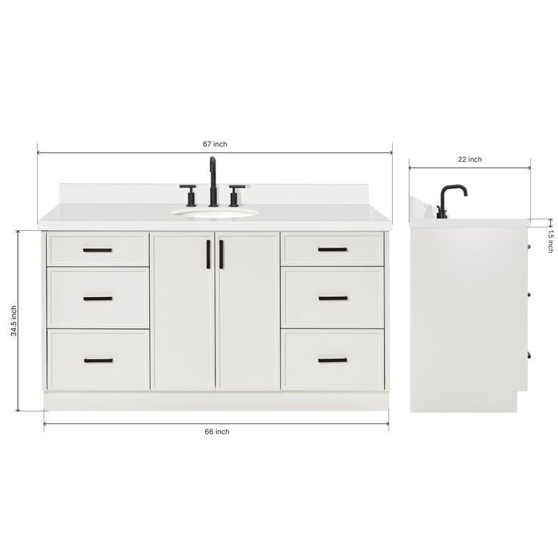 ARIEL Kelly 60 Single Sink Bathroom Vanity with Carrara Quartz Top, Rectangular, White, 67"