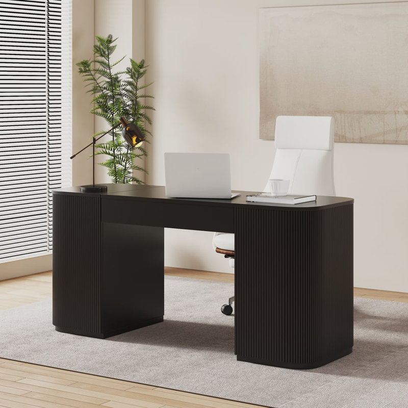 Modern Standing Writing Desk With 2 Doors & Ample Storage Office Desk, Black