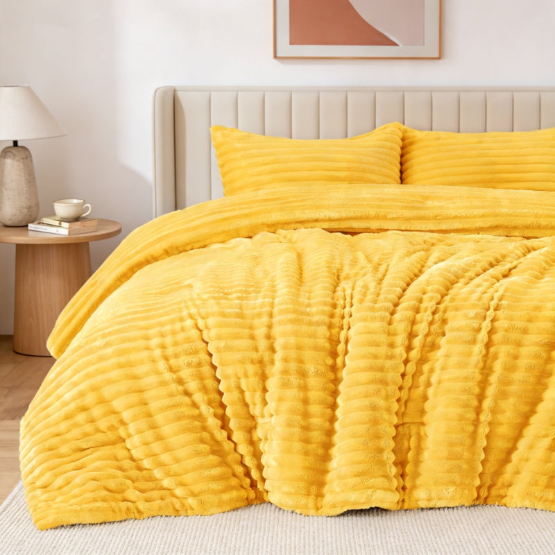 Ensemble de couette en polaire moelleuse Queen jaune vif