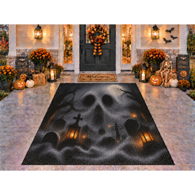 Tapis d'extérieur 152 x 213 cm (5 pi x 7 pi) motif crâne d'Halloween et brume de cimetière, épais, imperméable, en PVC bouclé, résistant, séchage rapide, idéal pour terrasse, balcon, entrée ou porche.