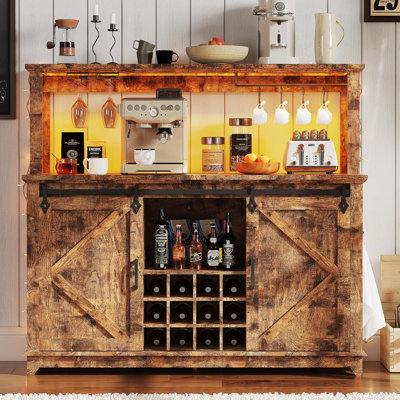 Coffee Bar Cabinet 55", Large Kitchen Hutch with LED Lighting & Built-in Power Outlet, Tall Buffet Cabinet with Barn Sliding Door, Wine Glass Rack & A by Ivy Bronx