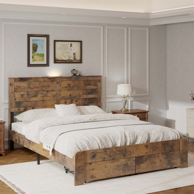 Sturdy Wooden Platform Bed Frame With Integrated Storage Drawers, USB Charging Ports, And Metal Slat Support For Optimal Mattress Stability.
