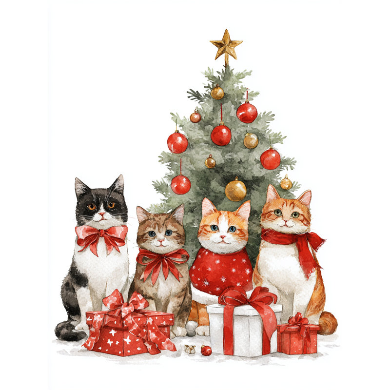 «Christmas Cats at the Tree», art mural sur toile tendue, H 48 po x l 36 po