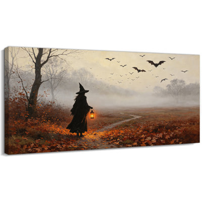 Peinture sur toile grande sorcière, image d'Halloween effrayante pour le salon ou la chambre à coucher, œuvre d'art d'automne aux tons de terre, prête à être suspendue, 24 po x 47 po