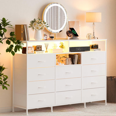 Commode pour chambre à coucher avec 11 tiroirs avec lumière DEL et prise de courant, commodes en tissu et commode