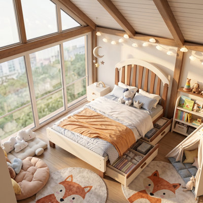 Lit plateforme Bennett Kids avec tiroir de rangement caché, tête de lit arrondie et structure en bois massif robuste, aucun sommier requis