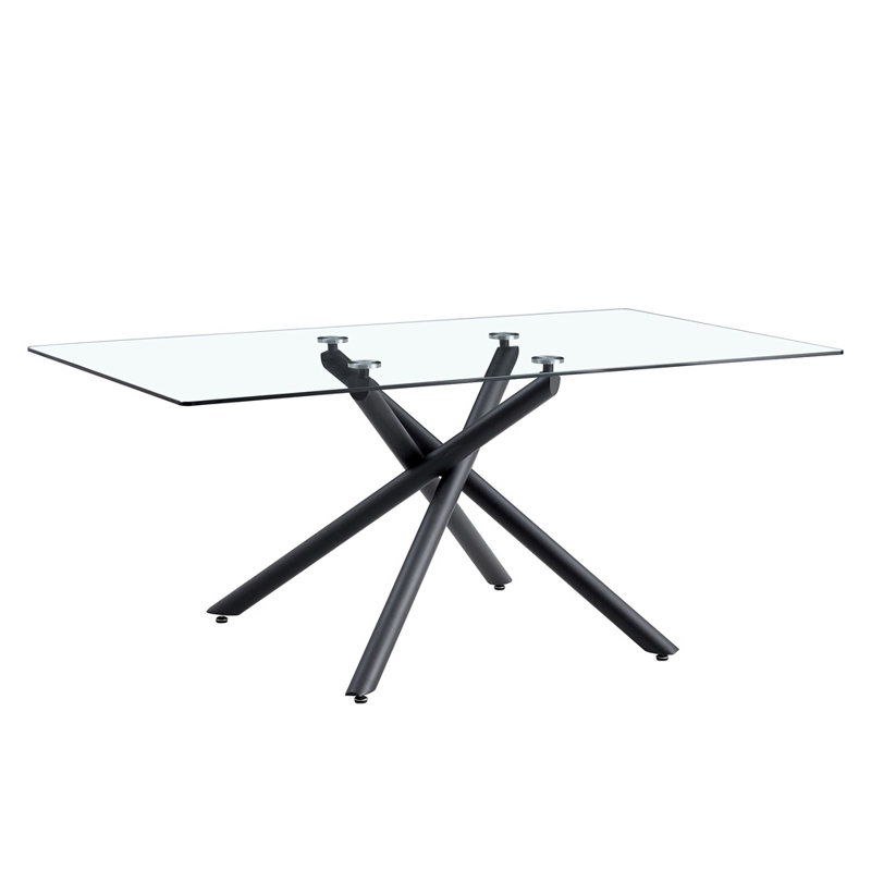 Large Modern Minimalist Rectangular Glass Dining Table with 0.39" Tempered Glass Tabletop and Chrome Metal Legs, for Kitchen Dining Living Meeting Room Banquet hall