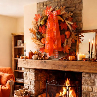 Couronne d'automne avec grand nœud et ruban à carreaux orange, décor rustique de feuille d'érable avec pince, 25 x 60 cm. Parfait pour la décoration intérieure et extérieure des récoltes et de Thanksgiving.