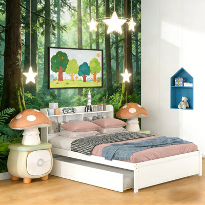 Full Size Solid Wood Standard Kids Bed With Bookcase Headboard & Twin Size Trundle