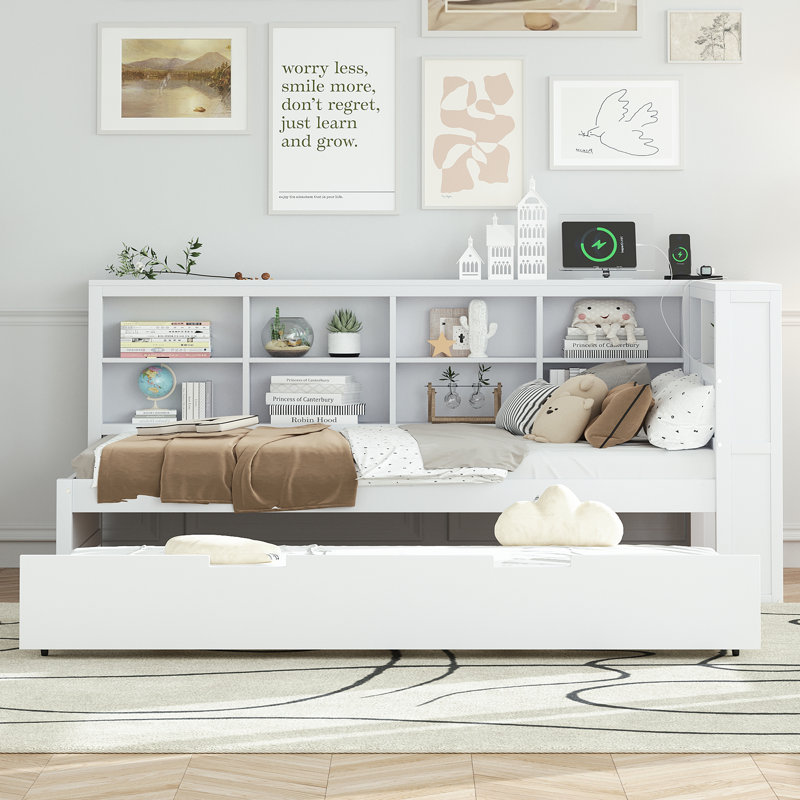 Lit de jour en bois avec couchette, chargeur USB et 2 tablettes de rangement Emareon, Lit simple, Blanc