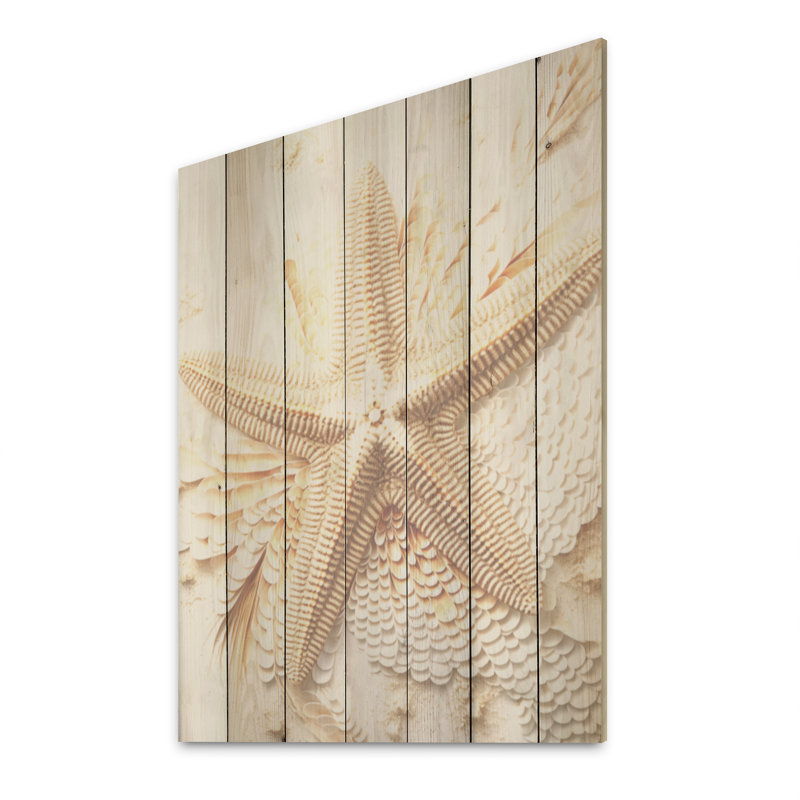 Minimalisme beige et or étoile de mer I - Étoile de mer, art sur bois de pin naturel, H 20 po x l 10 po