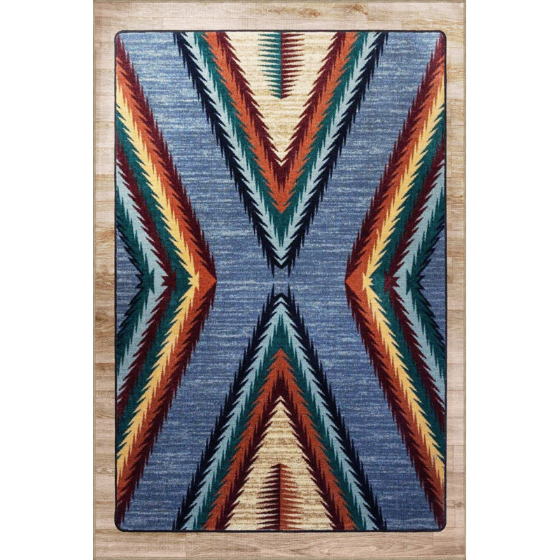 Tapis bleu lavable à motif géométrique multicolore, Sous-tapis rectangulaire 2 pi 6 po x 4 pi 11 po