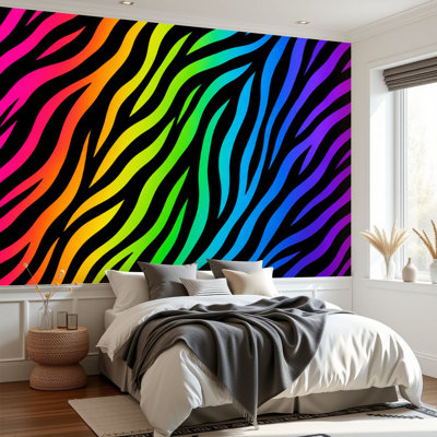 Papier peint adhésif peler et coller zèbre arc-en-ciel abstrait sans soudure dégradé néon noir coloré auto-adhésif amovible papier contact mural pour le salon Chambre H 69 po x l 96 po