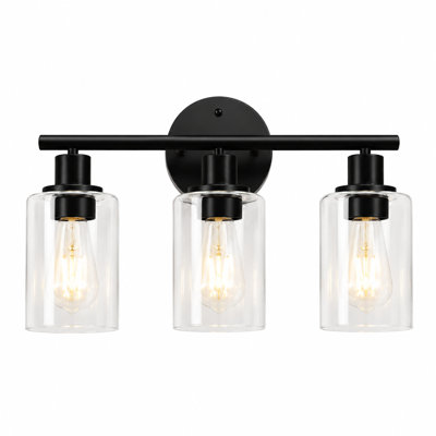 Éclairage pour meuble-lavabo moderne noir 17,23 po avec abat-jour en verre transparent