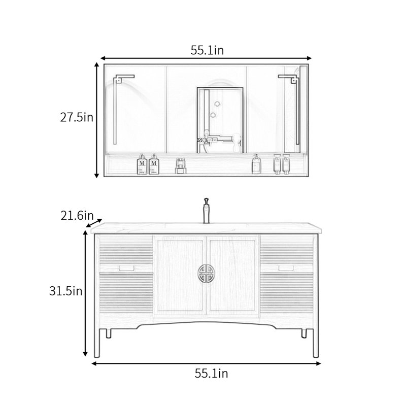 Retro simple and light luxury bathroom cabinet, 31.5" H x 55.1" W x 21.6" D