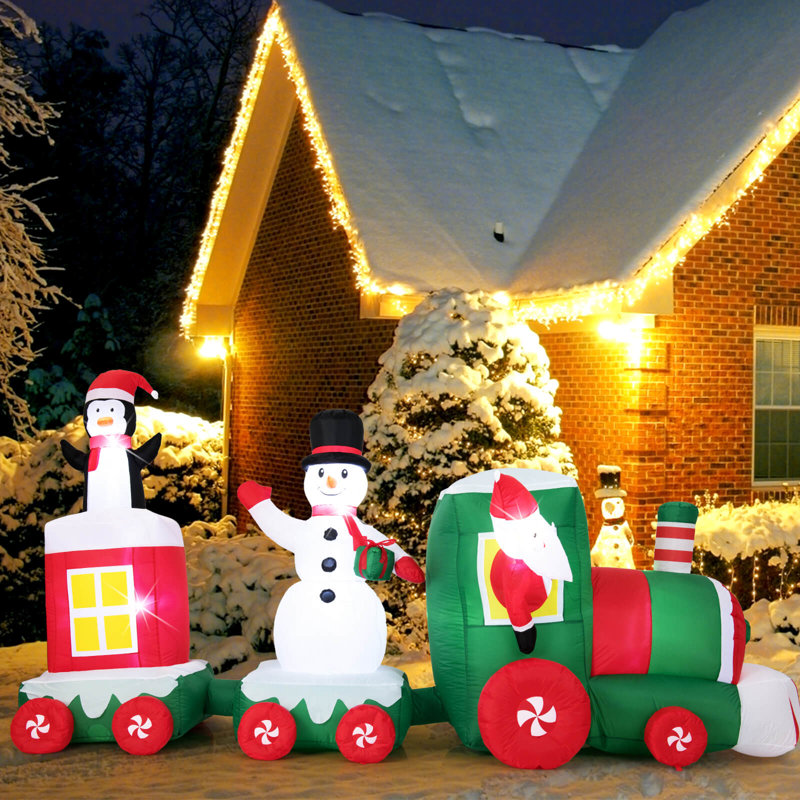 Train gonflable de Noël 11,5 pi avec lumières DEL intégrées pingouin bonhomme de neige