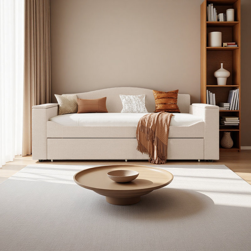 Twin Size Upholstered Daybed With Storage Armrests, Trundle And Latest Integrated Bluetooth Audio System, Teddy Fleece, Beige