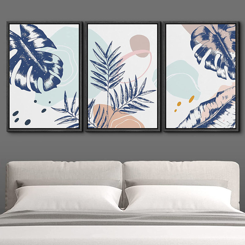 «Tropical Palm», 3 pièces, cadre flottant, impression sur toile, H 24 po x l 48 po x P 1,5 po, Noir, noir, noir, noir