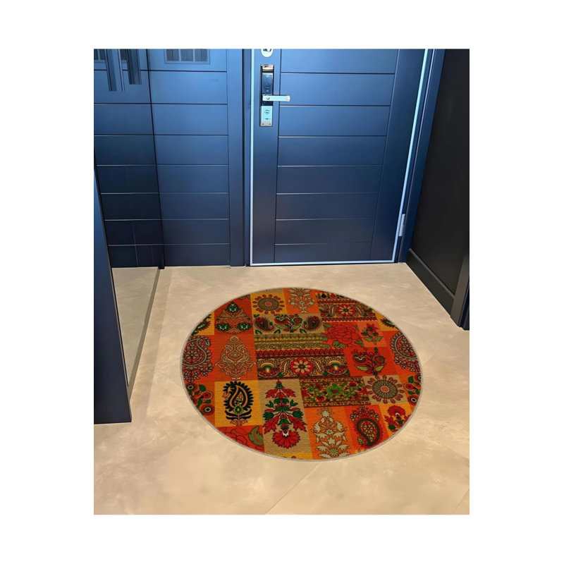Modern Decorative Carpet With Ethnic Patterns In Orange Tones, Round 2'8"