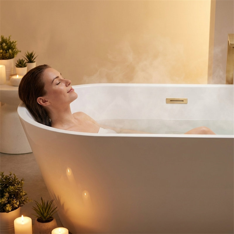 59" Acrylic Freestanding Soaking Bathtub, Gloss White Finish, Gold Overflow & Pop-Up Drain, Roll-Top Rim, 119-Gallon Capacity