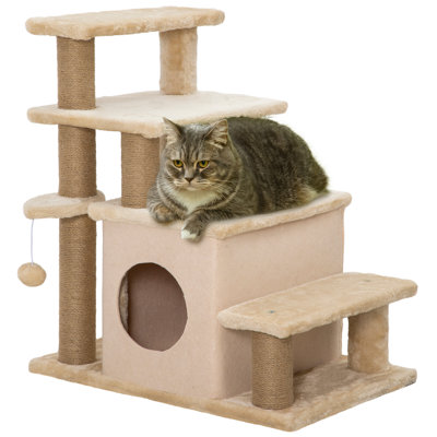 Escalier à hauteur réglable pour chat avec poteau à griffer pour canapé, beige