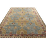 Distressed Homage Hand Knotted Wool Geometric Area Rug in Green, Blue, Beige, Red