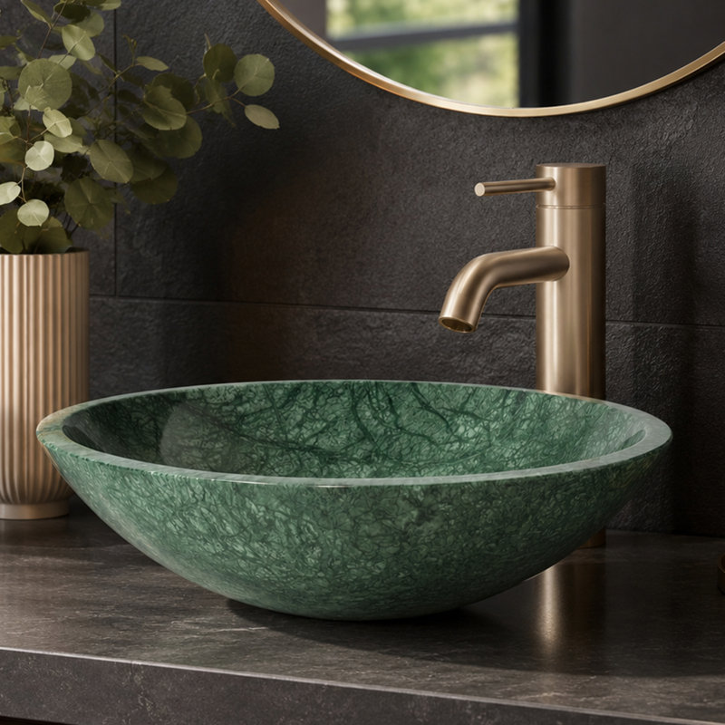 17" Round Green Stone Vessel Sink, Countertop Wash Sink, Handcrafted Marble Sink With Natural Veining And Color Variations, Polished Finish