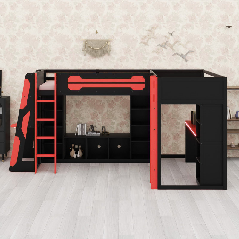Base de lit en forme de L avec lumières DEL RVB, Rouge