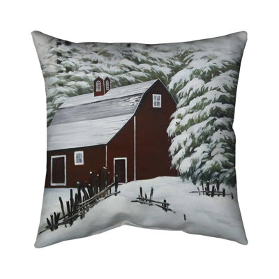 Red barn in snow - 18"x18" Outdoors Throw pillow - Spun poly - Print on demand