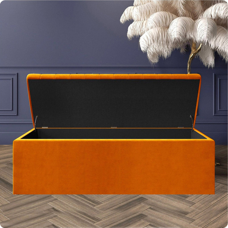 Safar Wide Velvet Rectangle Solid Color Standard Ottoman Box with Storage, Burnt Orange Plush Velvet, 180 cm
