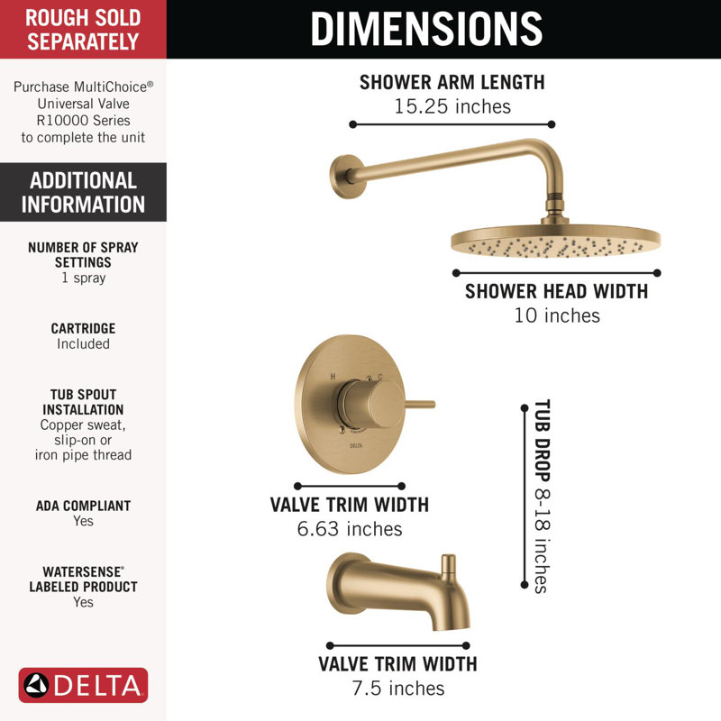 Modern Raincan Round Single-Function Tub and Shower Faucet Set, Valve Trim Kit, Rainfall Shower Head, Champagne Bronze