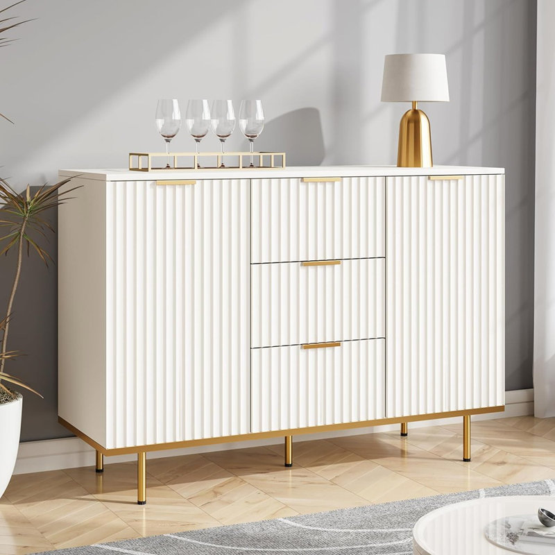 Buffet cannelé avec 2 portes et 3 tiroirs, blanc élégant
