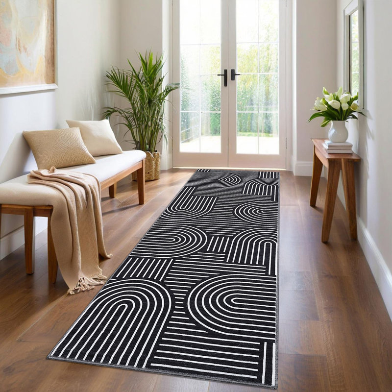 Tapis de couloir lavable 2 x 6 tapis de couloir abstrait moderne antidérapant, Black, Tapis de couloir 2 pi x 6 pi