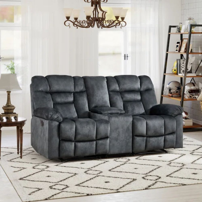 Modern Soft Microfiber Manual Reclining Loveseat Sofa With Center Console & Cup Holders, Greenish Gray