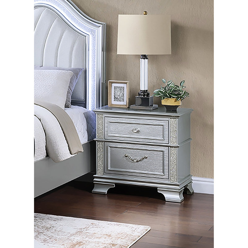 Table de chevet contemporaine à 2 tiroirs gris avec poignée de tiroir à paillettes et façade scintillante, table de chevet de chambre à coucher de style classique, accents éblouissants argentés, poignée en cristal, bois massif