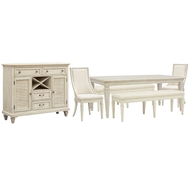 Extendable Rectangular Dining Table With 2 Benches 2 Arm Chairs And Server, 6 Pcs: Table, 2 Benches, 2 Chairs, Server