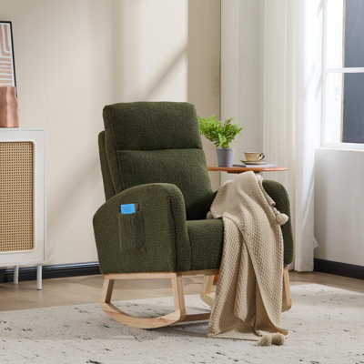 Comfy Green Teddy Upholstered Rocking Armchair with Solid Wood Legs, Side Pocket & High Backrest for Living Room