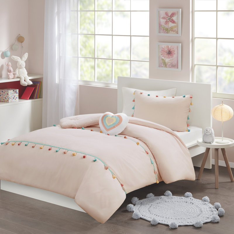 Tessa Multi-Color Tassel Comforter Set, Blush, Full/Queen Comforter + 2 Shams + 1 Pillow