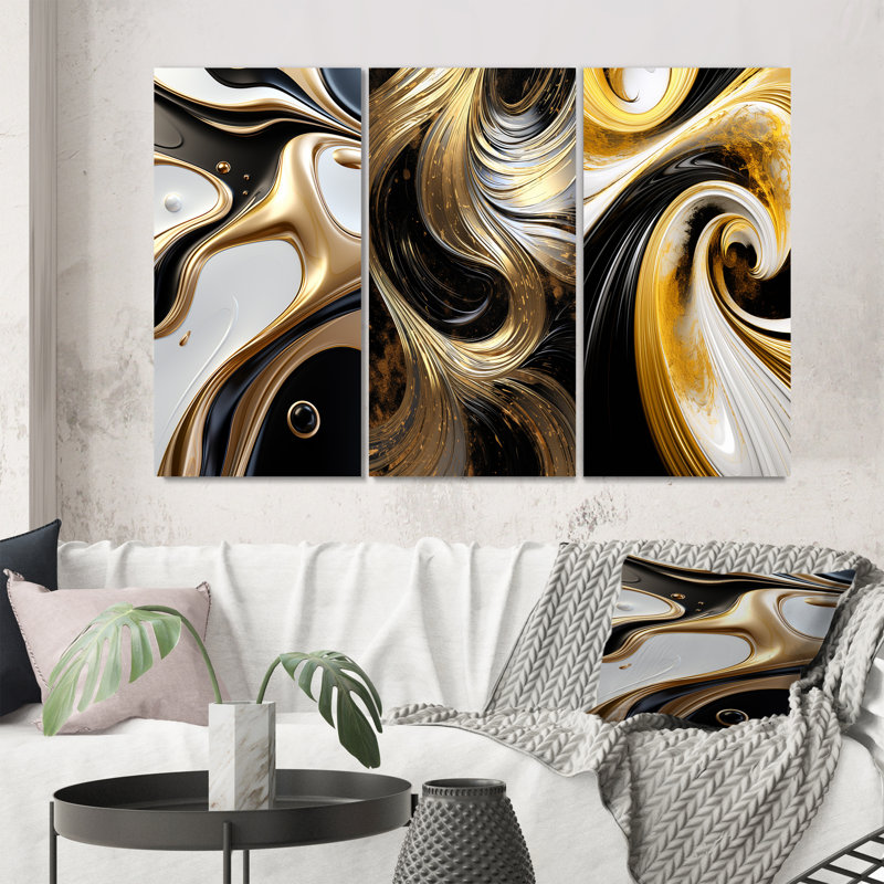 Liquide or noir et blanc vague dimension - spirales abstraites ensemble d'art de 3 pièces, Toile tendue, H 32 po x l 48 po