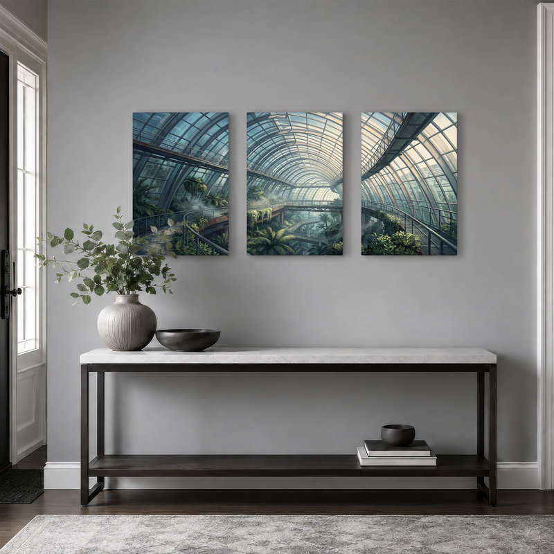 Ensemble de 3 toiles de jardin en verre arqué avec plantes tropicales luxuriantes, H 30 po x l 20 po x 3 pièces