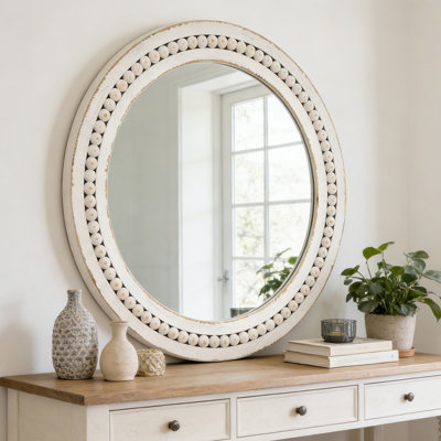 Wood Round Wall Mirror,24" White Rustic Farmhouse Mirrors,Circle Boho Nature Beads Decor Mirror for Bathroom