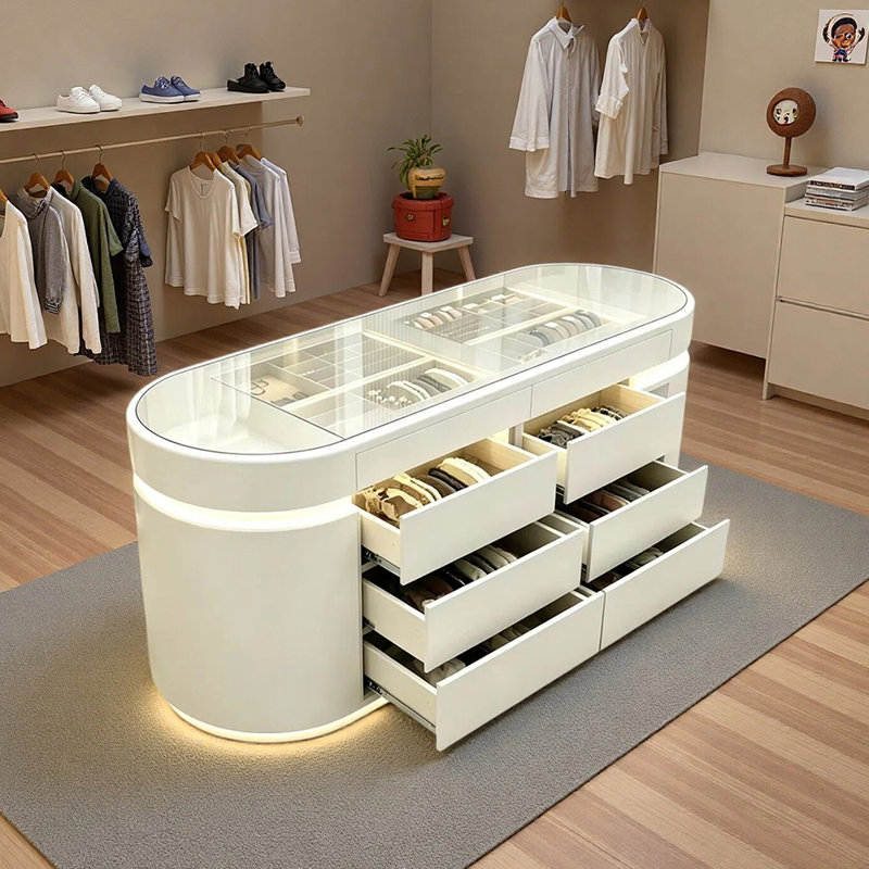 Comptoir de vente au détail de luxe avec plateau en verre trempé, éclairage DEL et tiroirs de rangement, White